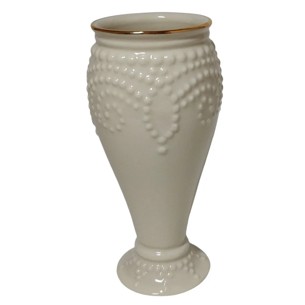 Lenox Bud Vase‎ Raised Dots Ivory with Gold Trim Rim Five Inches Textured